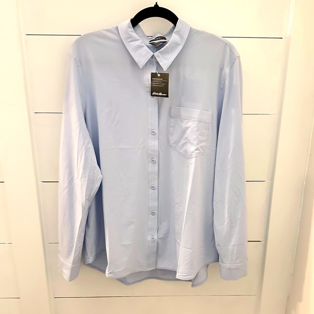 NWT XL EDDIE BAUER 50+ UPC woman button long sleeve poly spandex stretch blouse